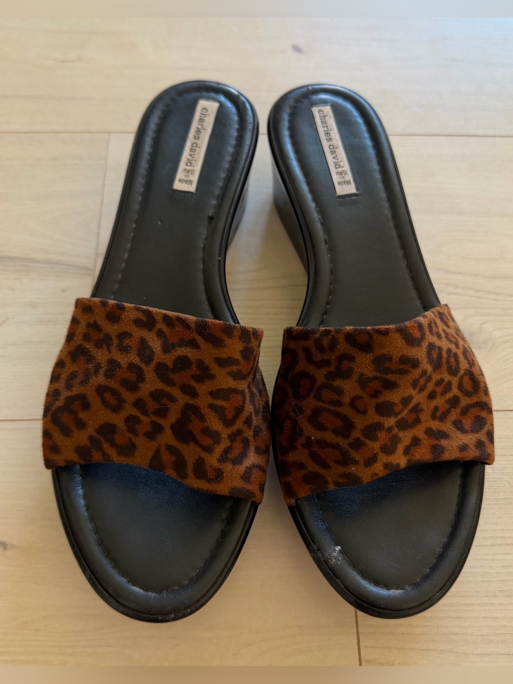 Charles David Leopard Print Slide Mules in Brown and Black